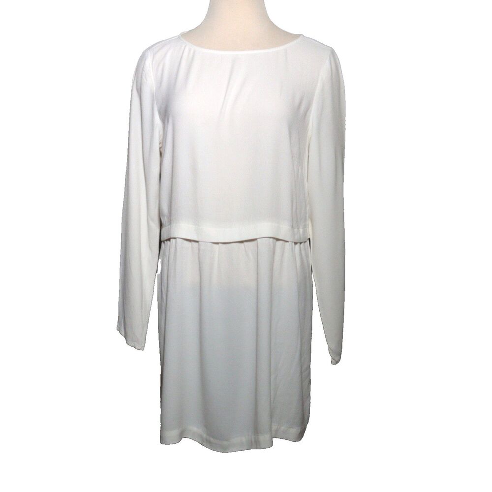 J JILL White Long Sleeve Rayon‎ Dress Side Slits Crew Neck Layered Women Small